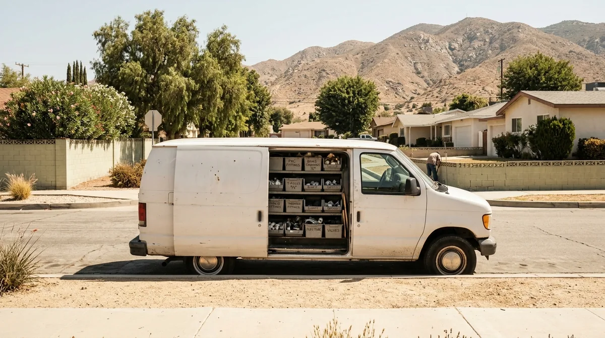 The open side of a work van at the curb, its shelving stacked with pipe fittings in labeled bins - Emergency Plumber in Yucaipa