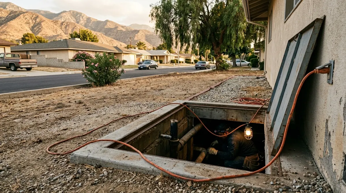 A crawl space hatch open with a work light cable running down into it - Emergency Plumber in Yucaipa