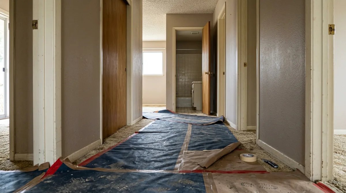 Floor protection sheets rolled out from the front door towards a bathroom - Emergency Plumber in Yucaipa